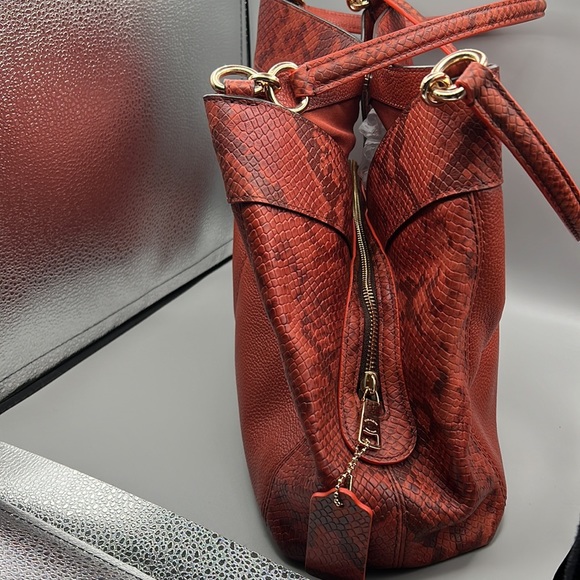 Coach Lexy Orange/Cognac Pebbled Leather Python Embossed Trim Gold Tone Hardware - Picture 7 of 15